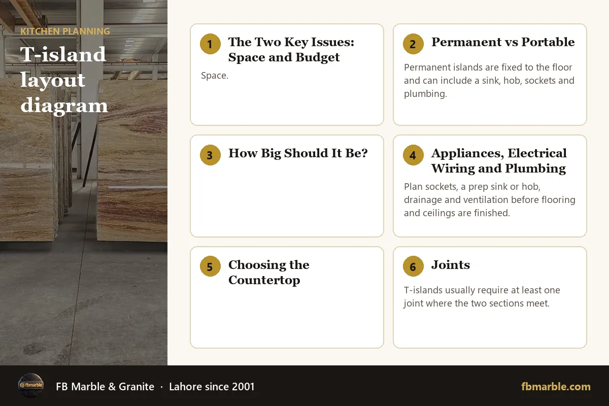 T-island layout diagram – T-shaped kitchen island infographic by FB Marble