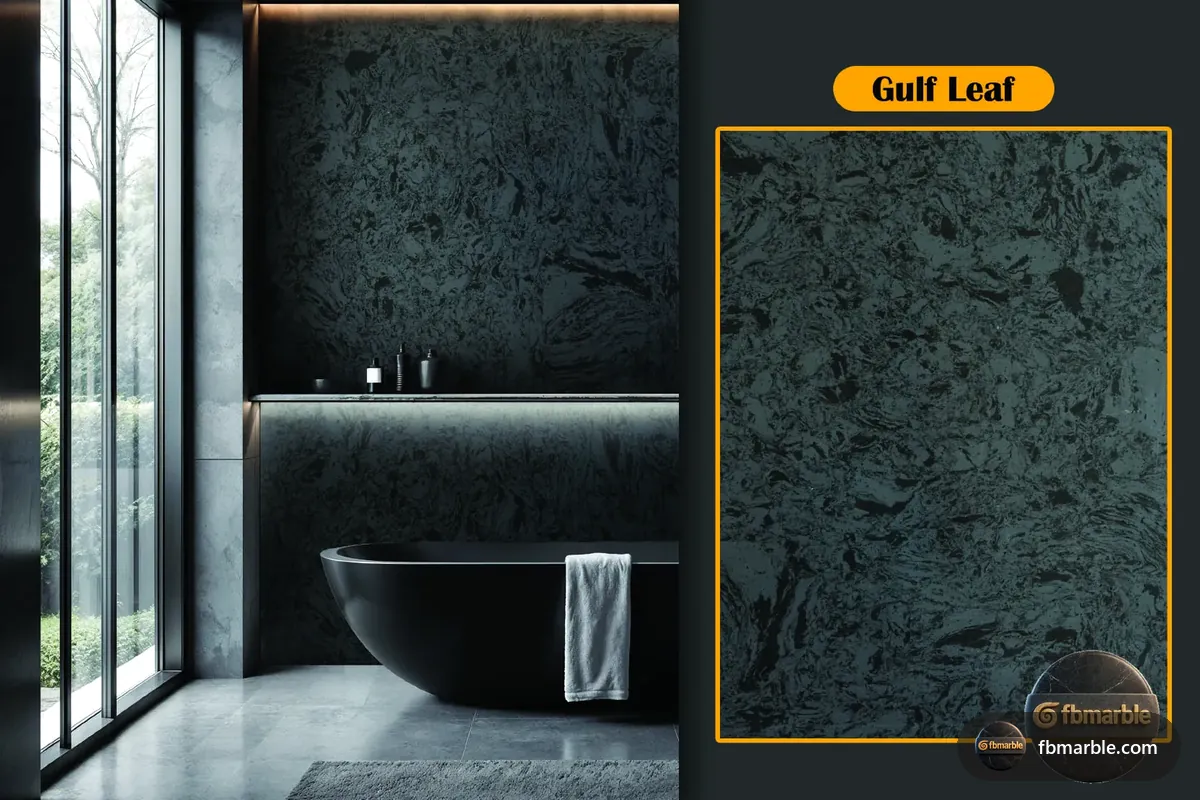 Gulf Leaf Quartz slab from FB Marble Lahore, suited to terrazzo floor in pakistani home