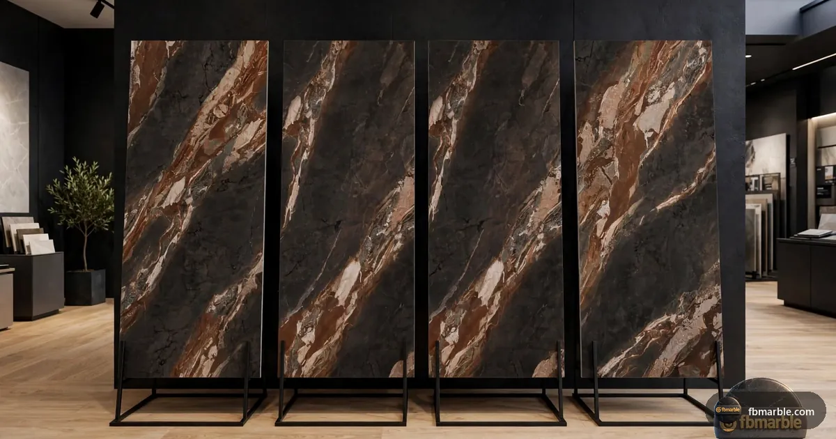 Positano Brown Porcelain slab from FB Marble Lahore, suited to terrazzo countertop with colourful chips