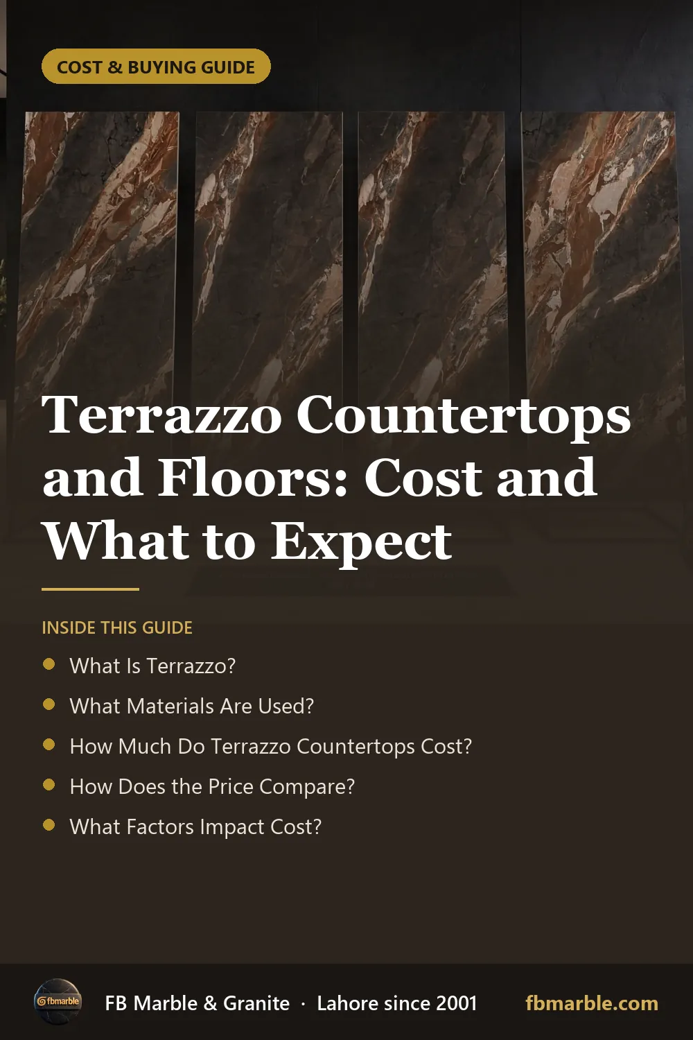 Pinterest graphic: Terrazzo Countertops and Floors: Cost and What to Expect – FB Marble guide