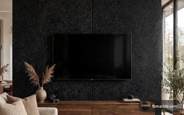 Starry Black Quartz slab from FB Marble Lahore, suited to person standing on kitchen counter crossed out