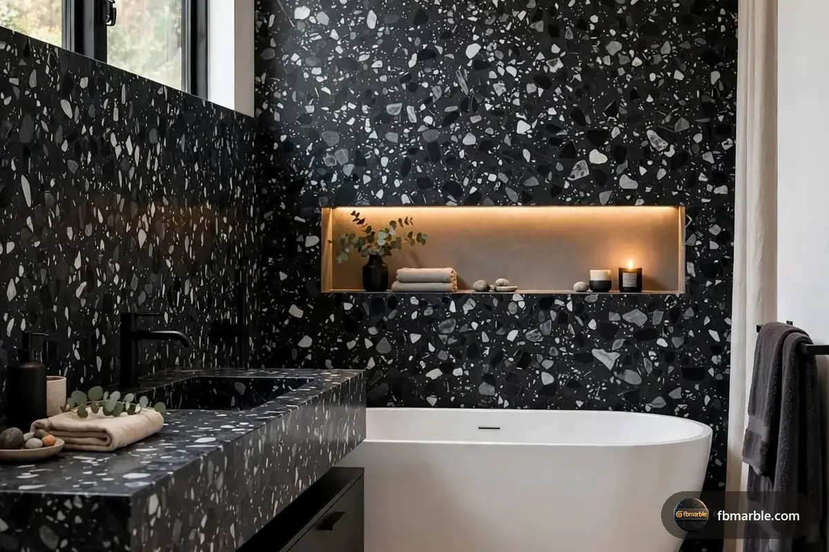Snow Black Quartz slab from FB Marble Lahore, suited to cutting board on stone