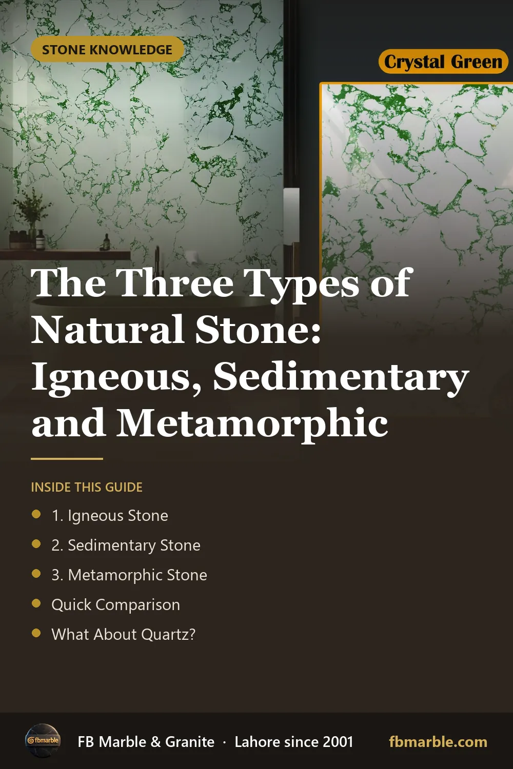 Pinterest graphic: The Three Types of Natural Stone: Igneous, Sedimentary and Metamorphic – FB Marble guide