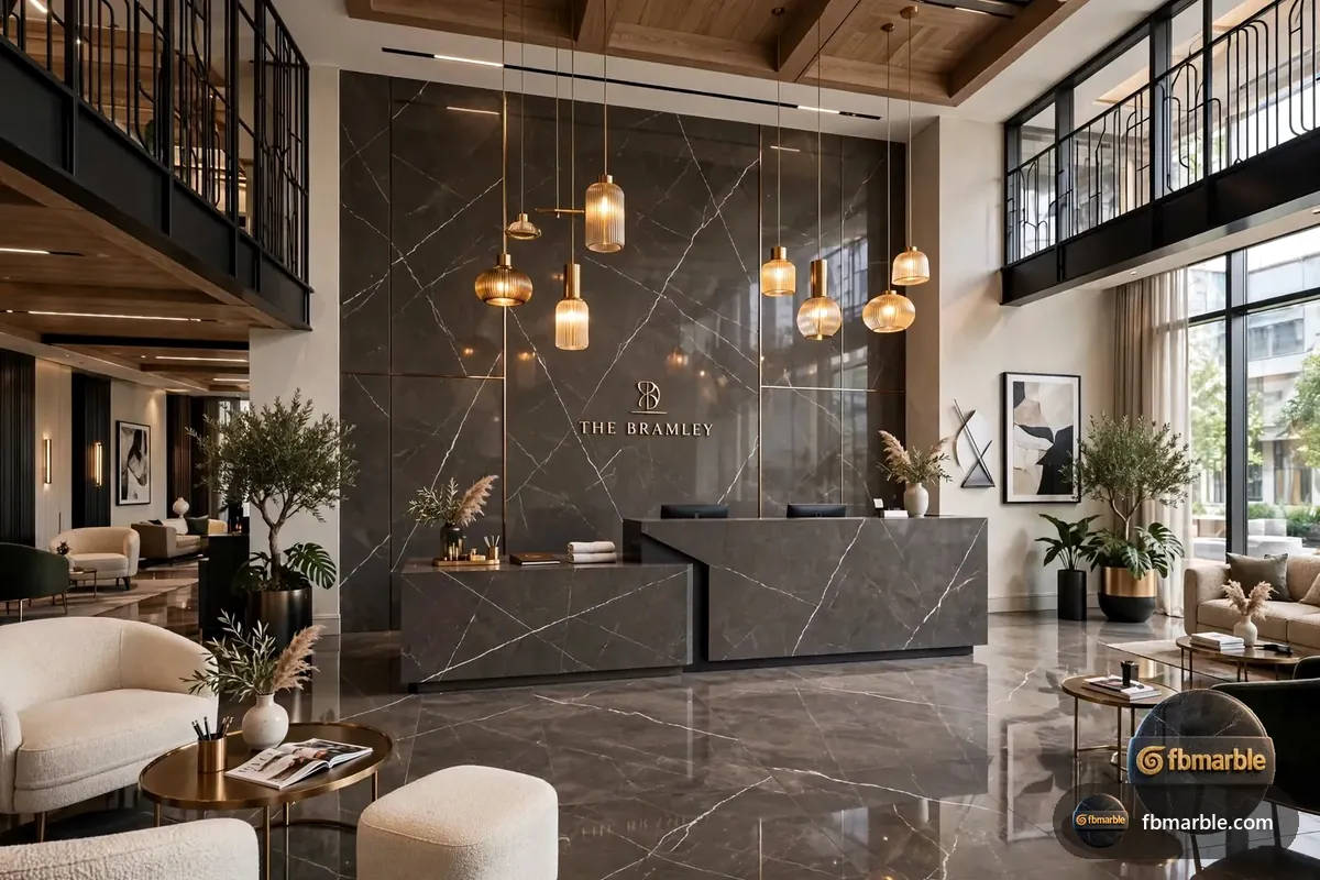 Grey Marble Slab Porcelain slab from FB Marble Lahore, suited to finished modern kitchen