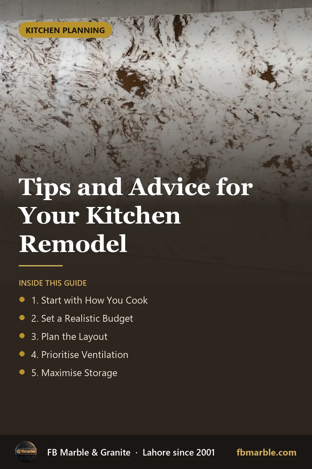 Pinterest graphic: Tips and Advice for Your Kitchen Remodel – FB Marble guide
