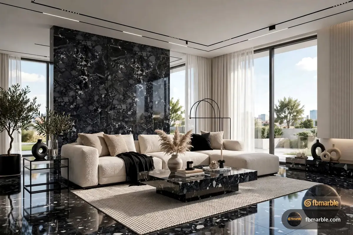 Mercedes Black Porcelain slab from FB Marble Lahore, suited to remodel planning board