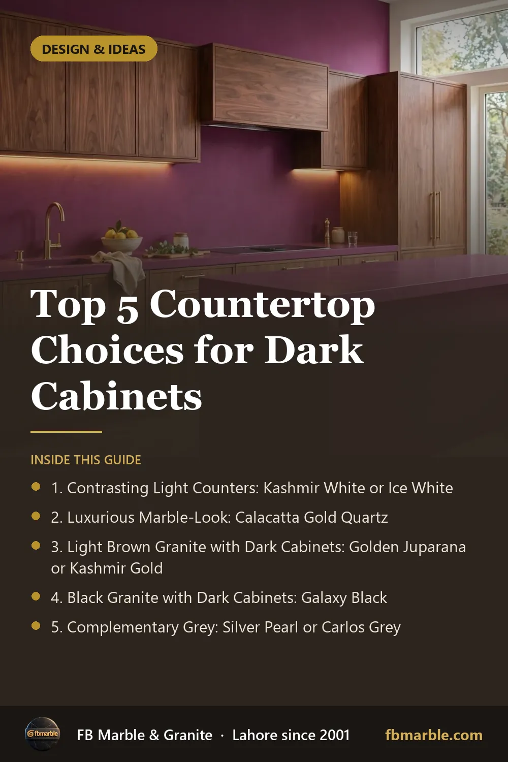 Pinterest graphic: Top 5 Countertop Choices for Dark Cabinets – FB Marble guide
