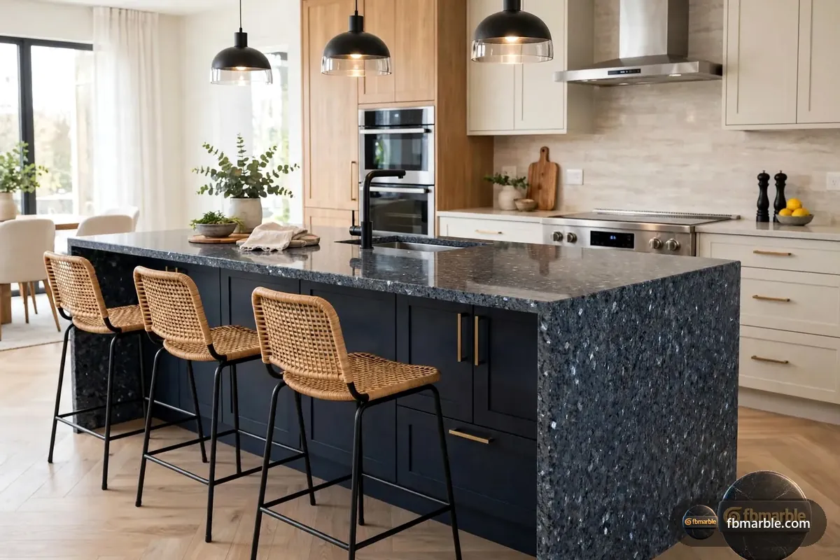 Blue Pearl Granite slab from FB Marble Lahore, suited to white cabinets + blue pearl
