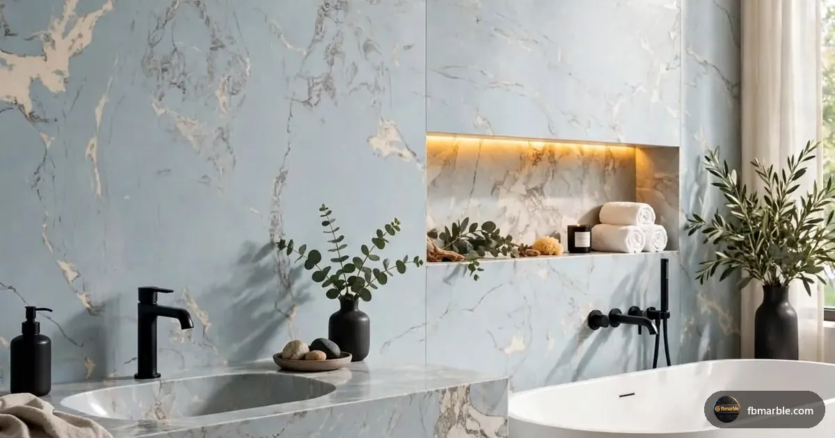 Ice Berg Quartz slab from FB Marble Lahore, suited to modern kitchen with stone island
