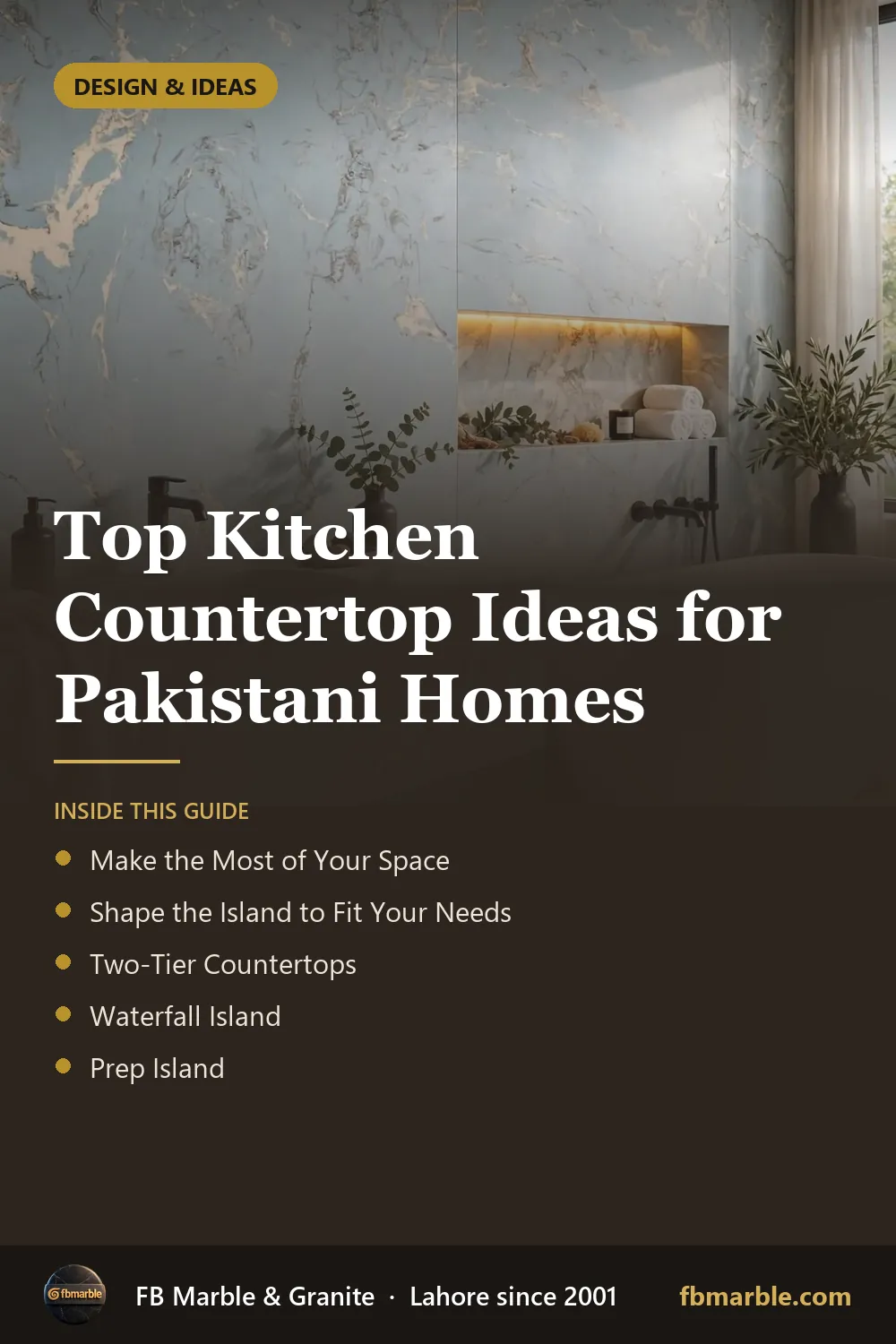 Pinterest graphic: Top Kitchen Countertop Ideas for Pakistani Homes – FB Marble guide