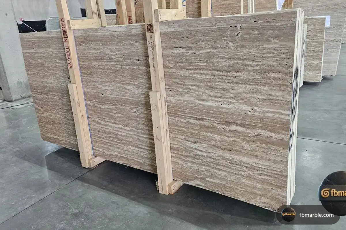 Beige Travertine slab from FB Marble Lahore, suited to travertine bathroom