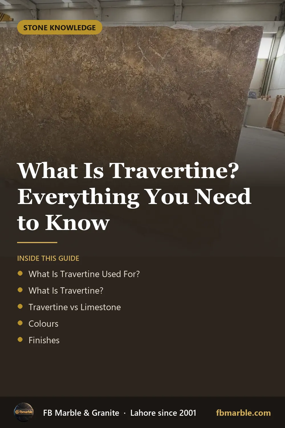 Pinterest graphic: What Is Travertine? Everything You Need to Know – FB Marble guide