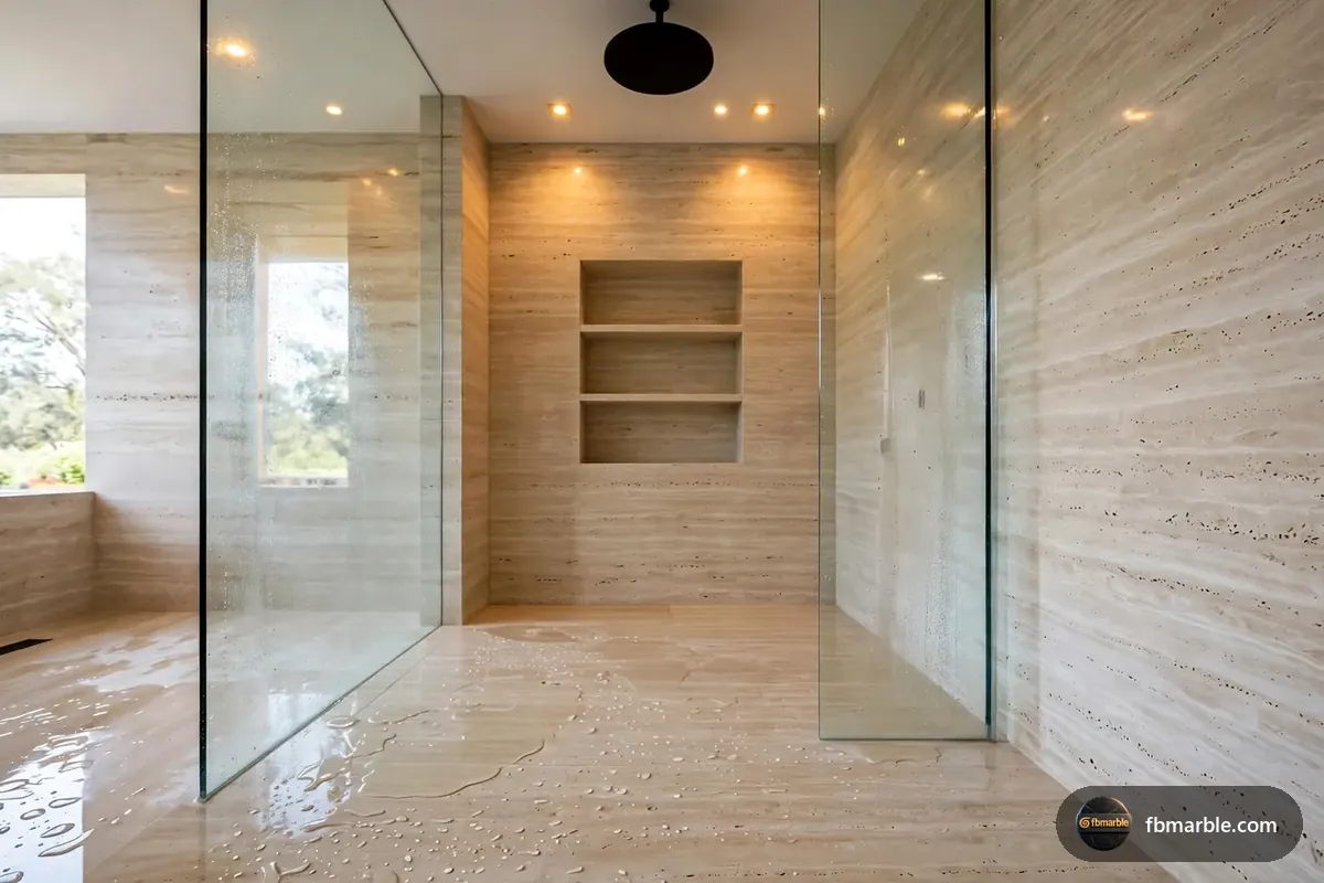 Shower walls and floor in honed travertine