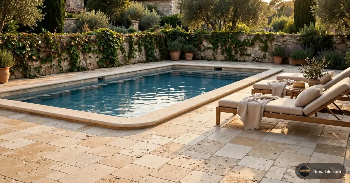 Pool deck in tumbled travertine