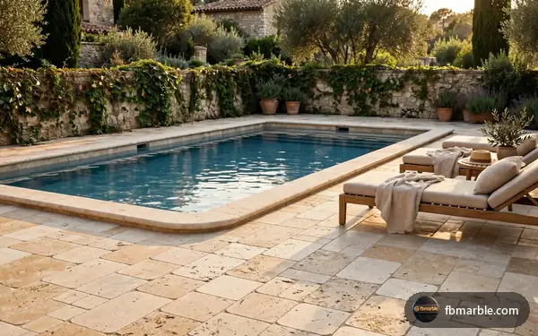 Pool deck in tumbled travertine