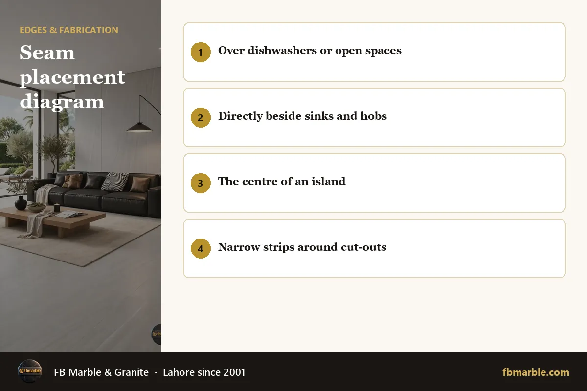 Seam placement diagram – countertop seams infographic by FB Marble