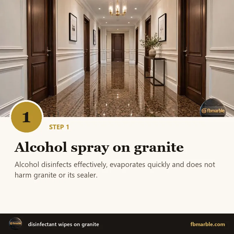 Step 1: Alcohol spray on granite – disinfectant wipes on granite
