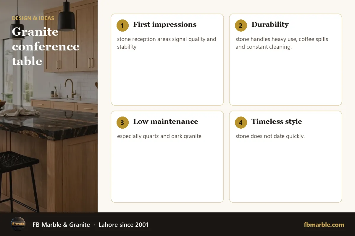 Granite conference table – natural stone office infographic by FB Marble