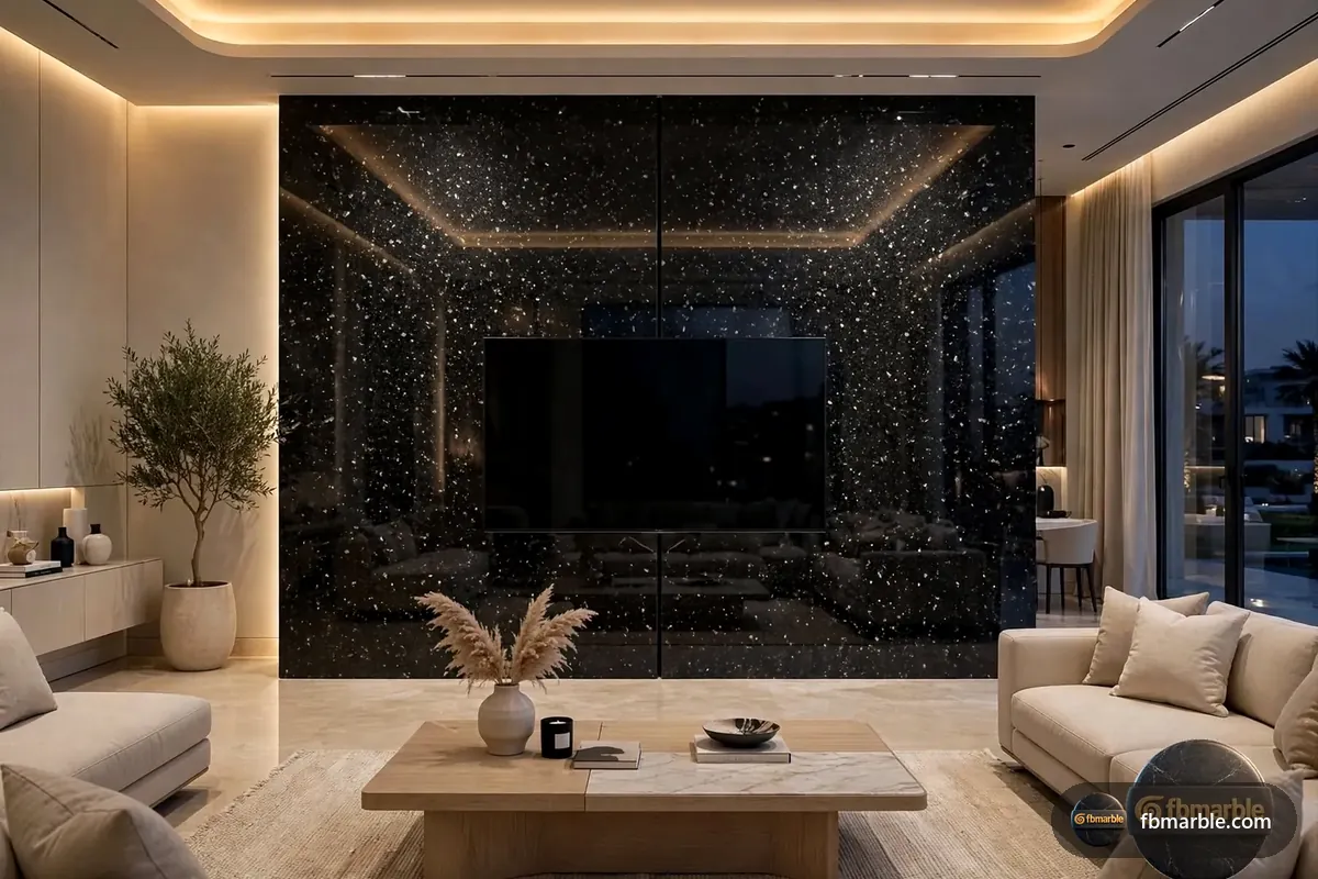 Black Pearl Granite slab from FB Marble Lahore, suited to sample next to cabinet door