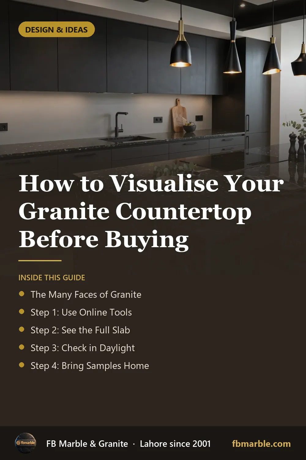 Pinterest graphic: How to Visualise Your Granite Countertop Before Buying – FB Marble guide