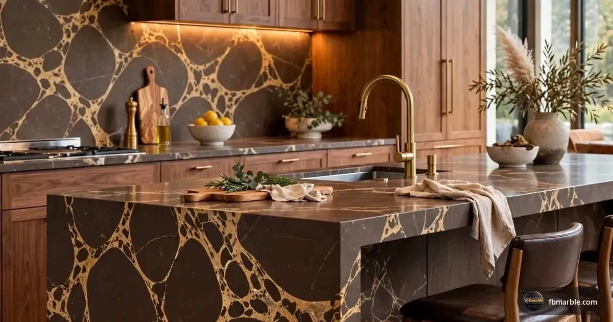 Emperador Scuro Quartz slab from FB Marble Lahore, suited to quartz waterfall island