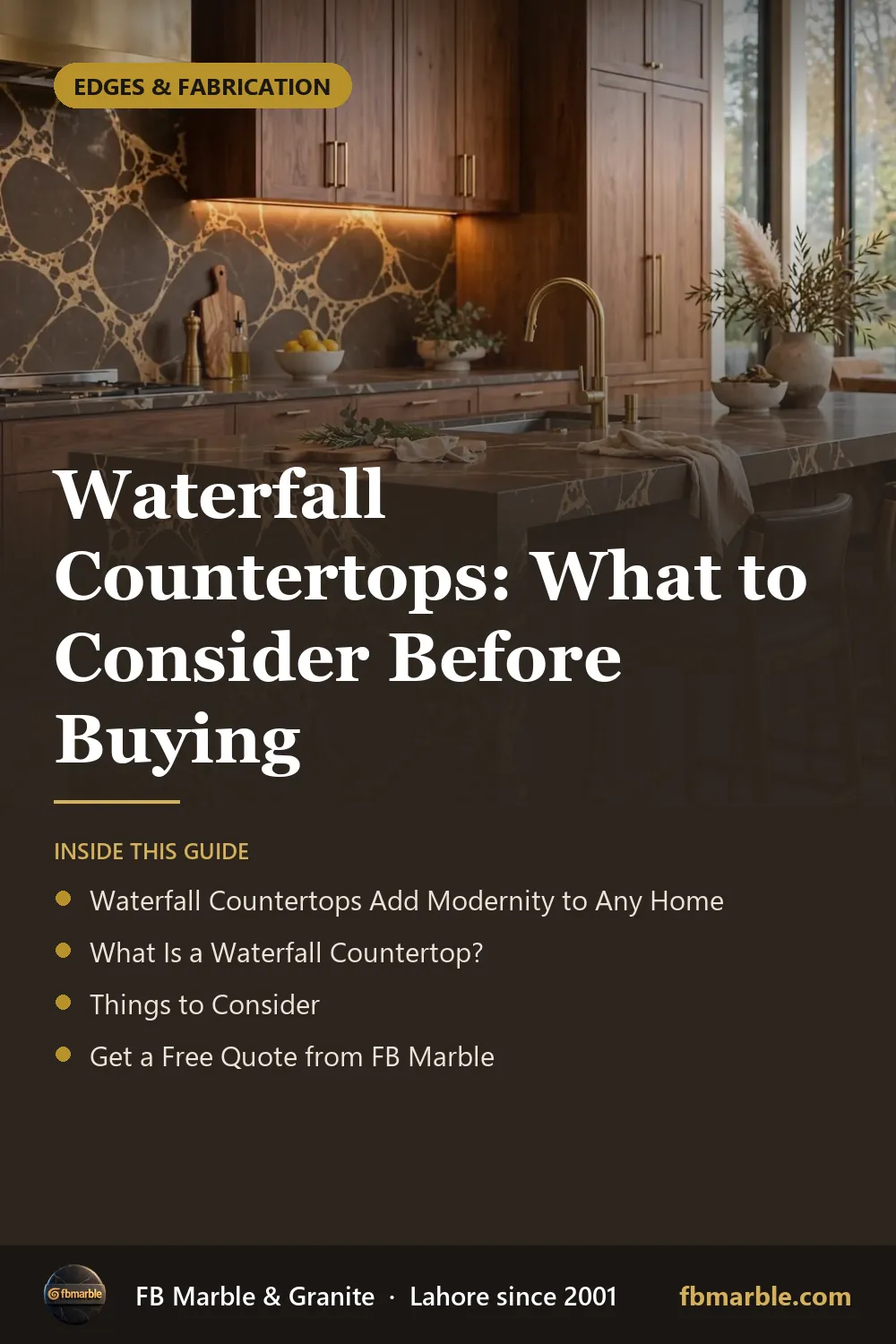 Pinterest graphic: Waterfall Countertops: What to Consider Before Buying – FB Marble guide