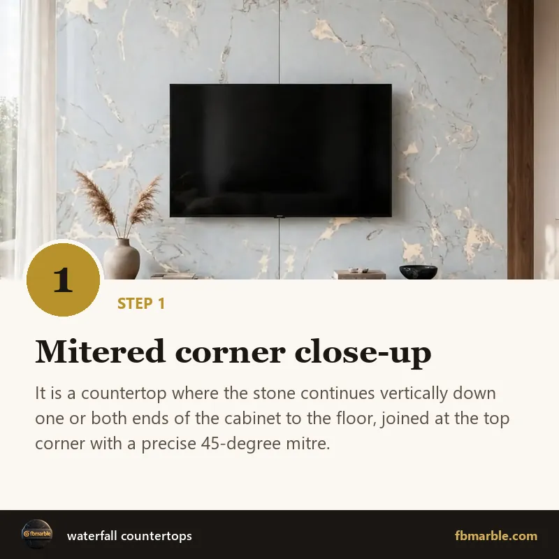 Step 1: Mitered corner close-up – waterfall countertops