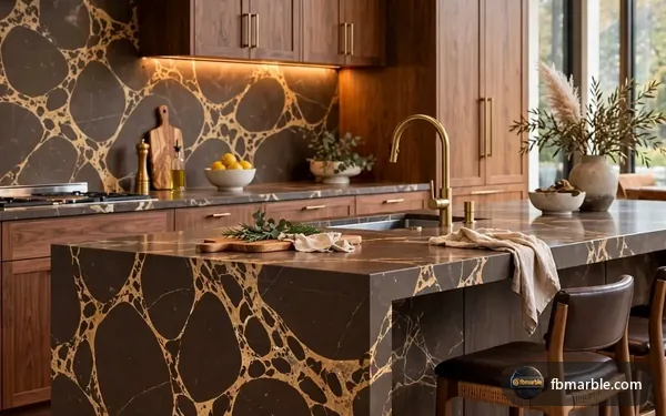 Emperador Scuro Quartz slab from FB Marble Lahore, suited to quartz waterfall island