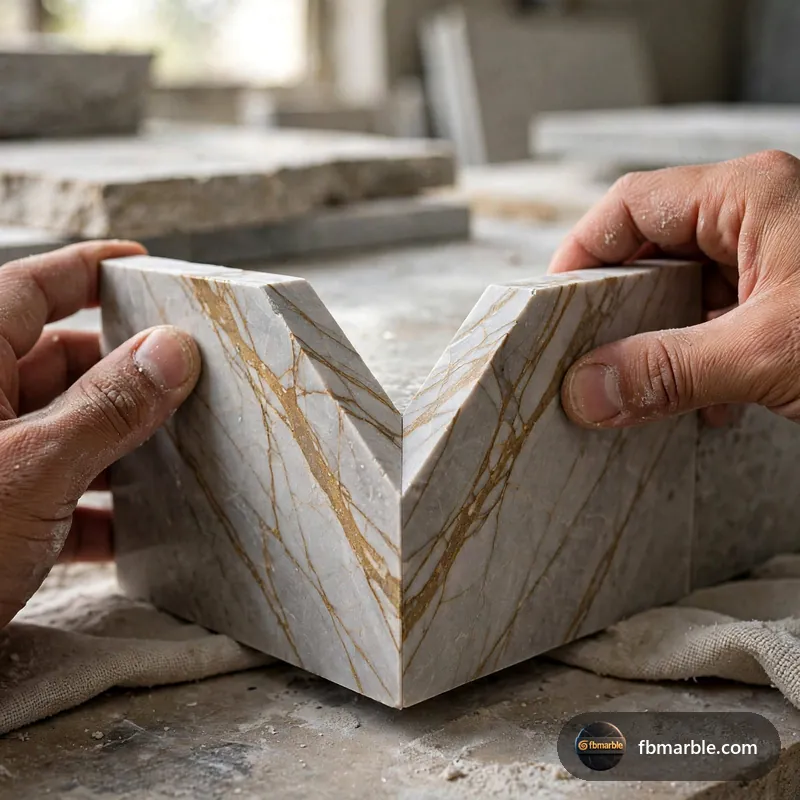 Step 1: Vein-matched mitre corner close-up – waterfall edge countertop
