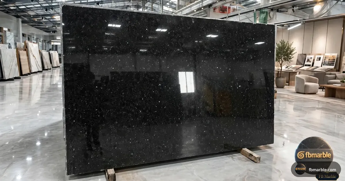 Galaxy Black Granite slab from FB Marble Lahore, suited to white cabinets with galaxy black granite