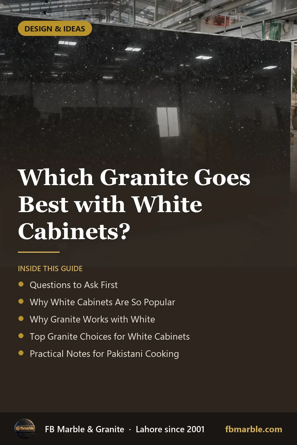 Pinterest graphic: Which Granite Goes Best with White Cabinets? – FB Marble guide