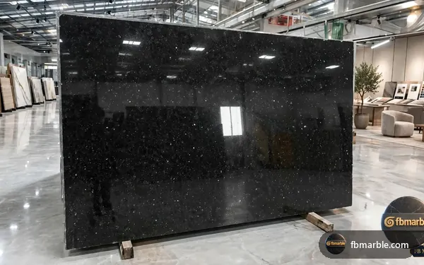 Galaxy Black Granite slab from FB Marble Lahore, suited to white cabinets with galaxy black granite
