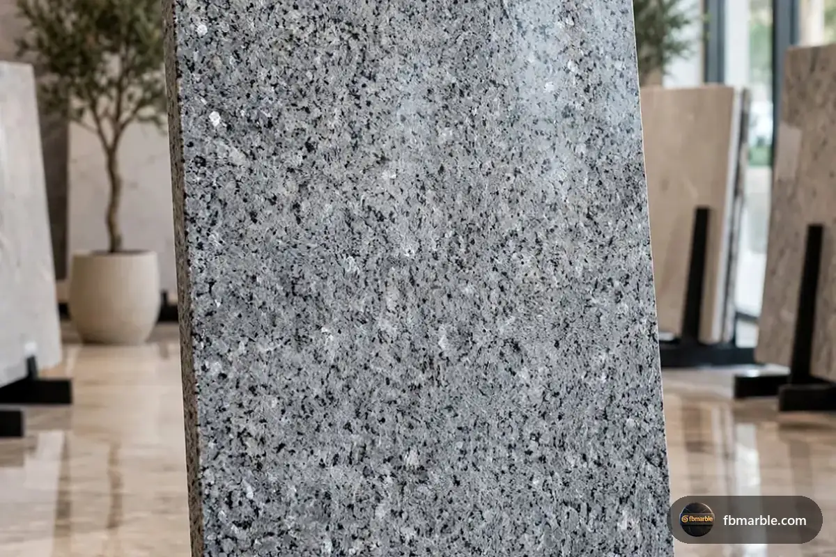 Silver Pearl Granite slab from FB Marble Lahore, suited to white cabinets with silver pearl granite