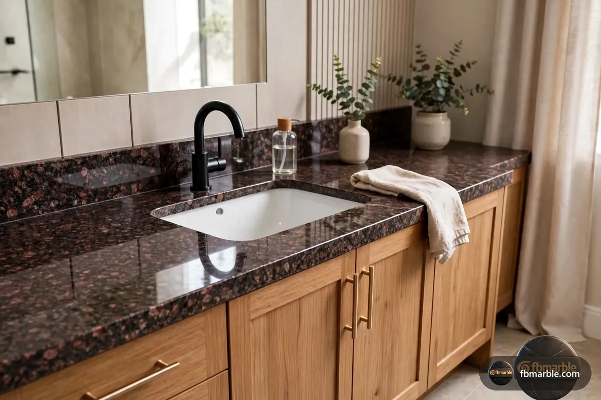 Tan Brown Granite slab from FB Marble Lahore, suited to white cabinets with tan brown granite