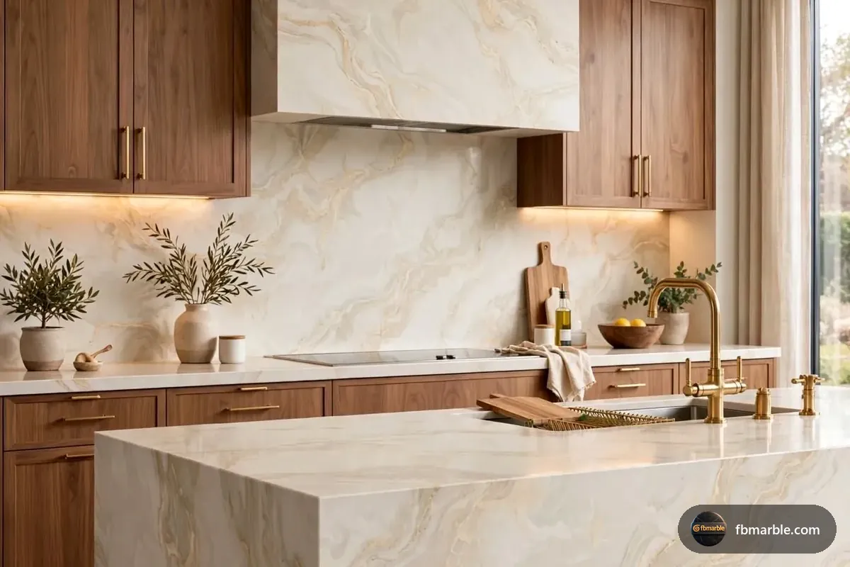 Classic Gold Quartz slab from FB Marble Lahore, suited to dark grey cabinets with calacatta gold quartz