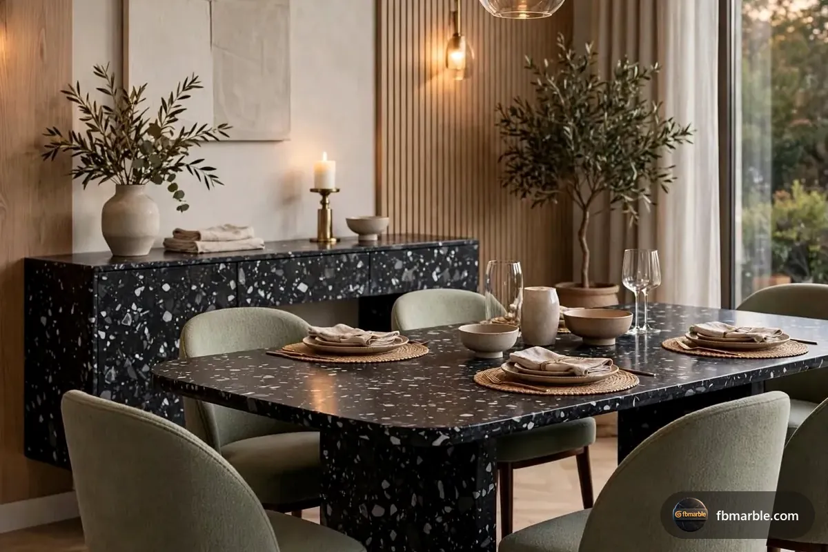 Snow Black Quartz slab from FB Marble Lahore, suited to grey cabinets with black quartz