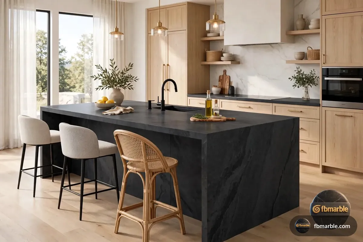 Sandstone Dark Grey Porcelain slab from FB Marble Lahore, suited to dark grey countertop