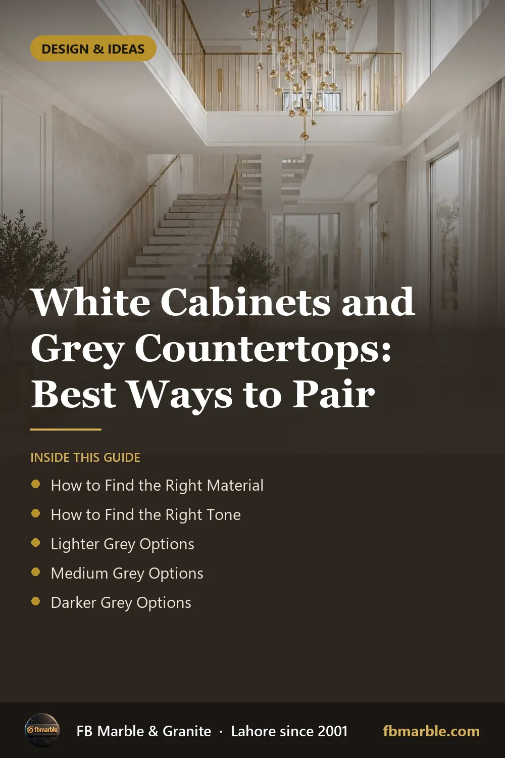 Pinterest graphic: White Cabinets and Grey Countertops: Best Ways to Pair – FB Marble guide