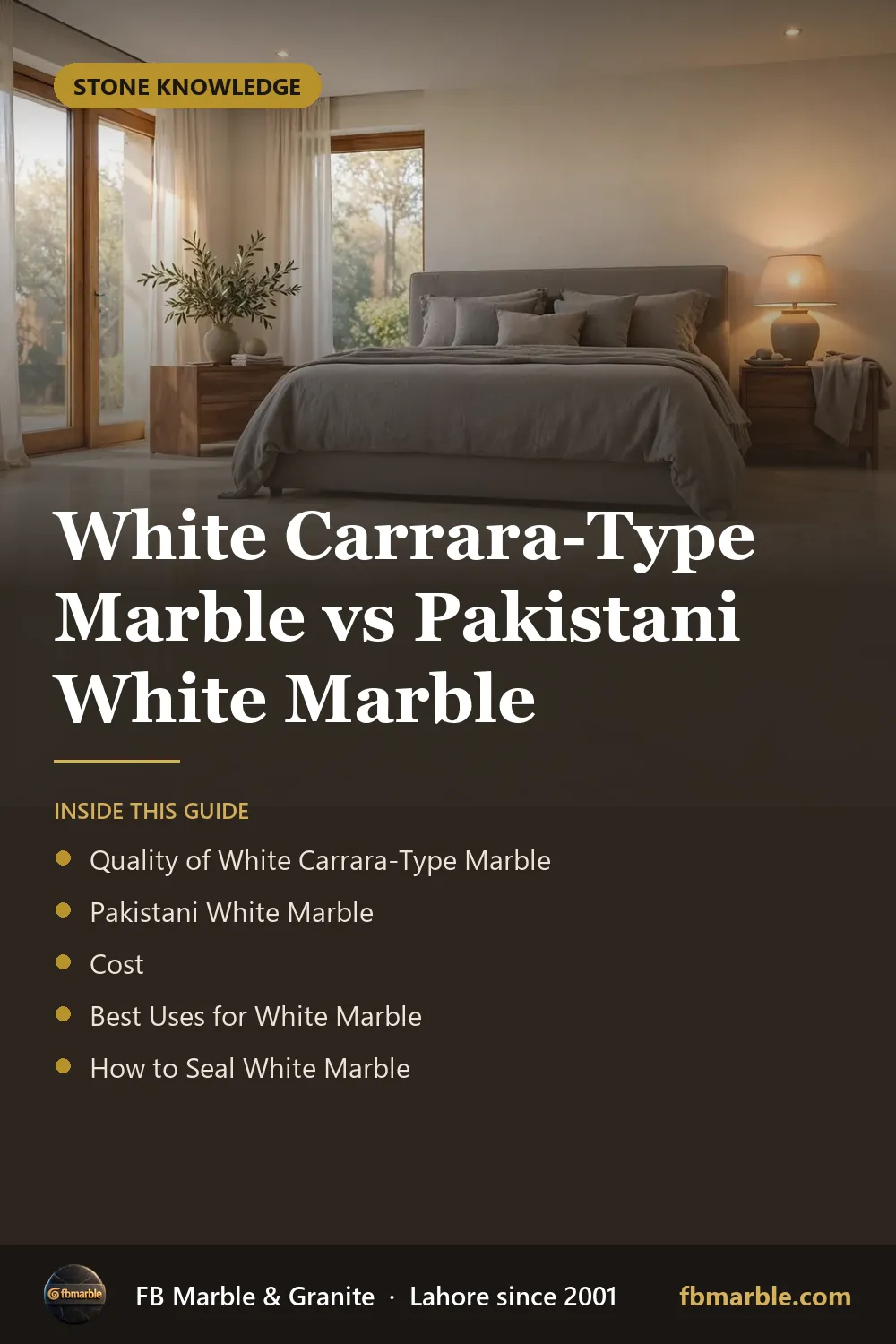 Pinterest graphic: White Carrara-Type Marble vs Pakistani White Marble – FB Marble guide