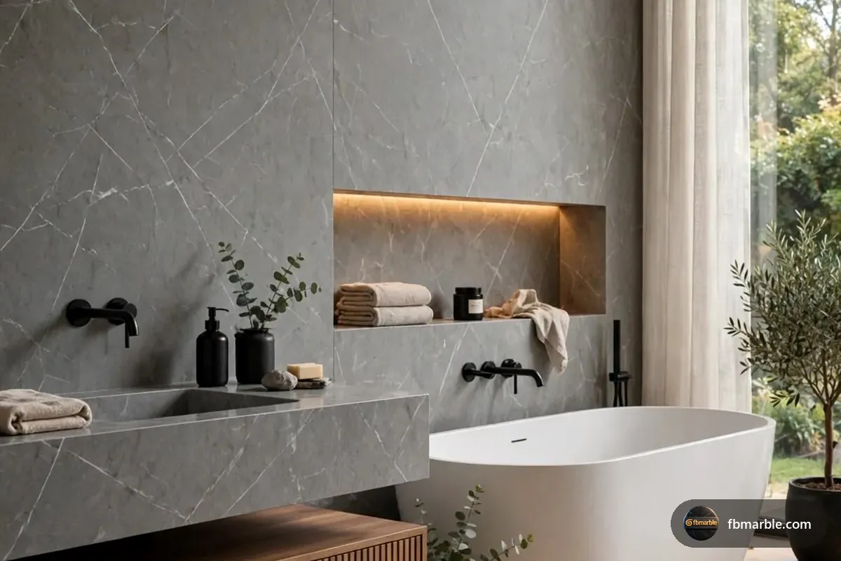 Antique Grey Quartz slab from FB Marble Lahore, suited to light grey cabinets with dark quartz