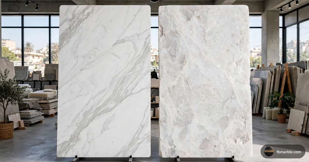 Double-height lounge with a Ziarat White marble floor