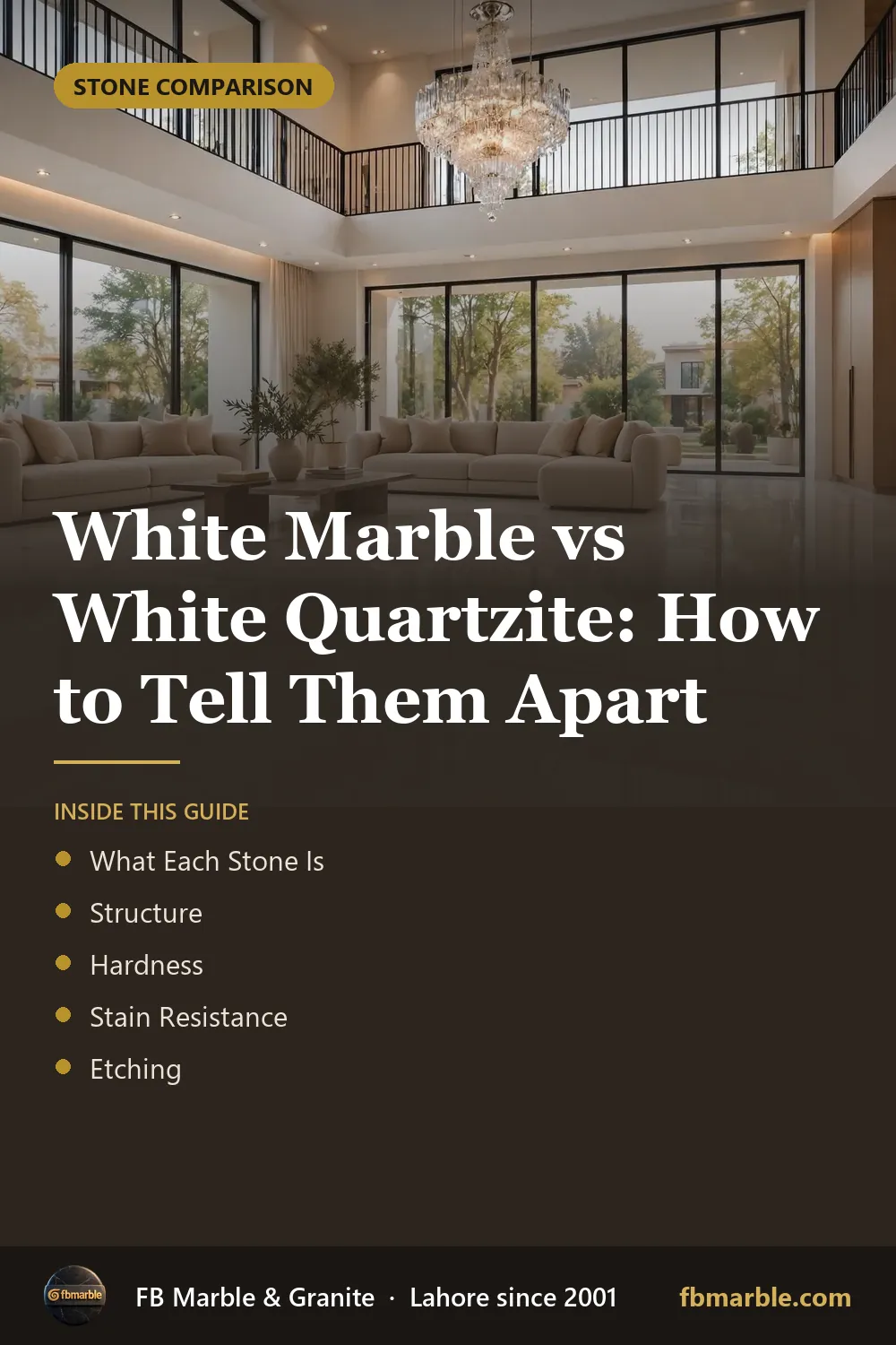 Pinterest graphic: White Marble vs White Quartzite: How to Tell Them Apart – FB Marble guide