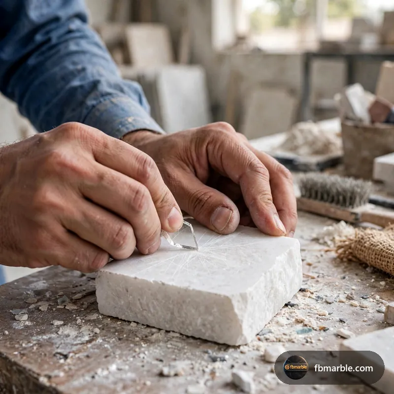Step 1: Glass scratch test on stone sample – white marble vs quartzite