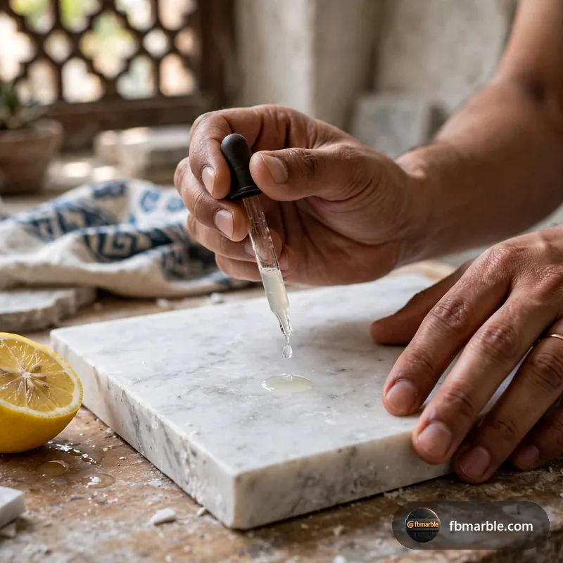 Step 2: Lemon drop etch test on marble – white marble vs quartzite