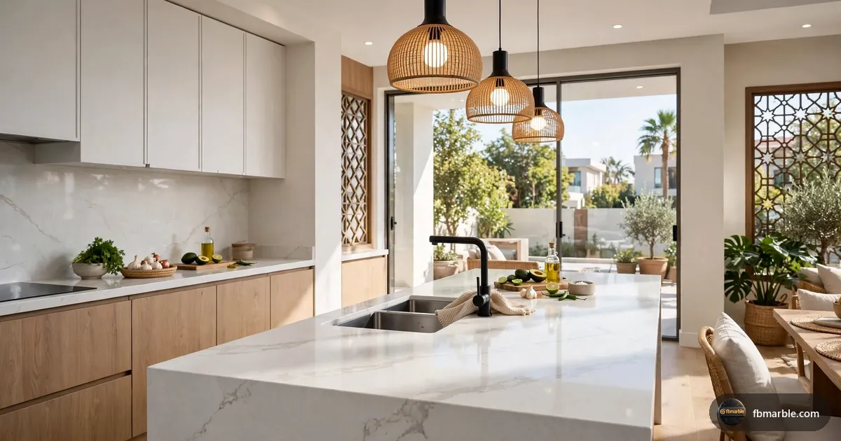 Water Jet Quartz slab from FB Marble Lahore, suited to stylish modern kitchen in dha lahore with quartz