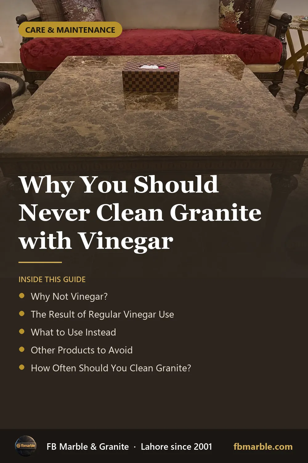 Pinterest graphic: Why You Should Never Clean Granite with Vinegar – FB Marble guide