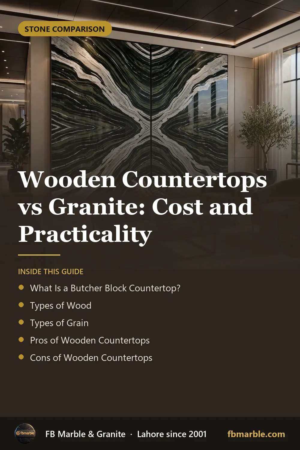 Pinterest graphic: Wooden Countertops vs Granite: Cost and Practicality – FB Marble guide