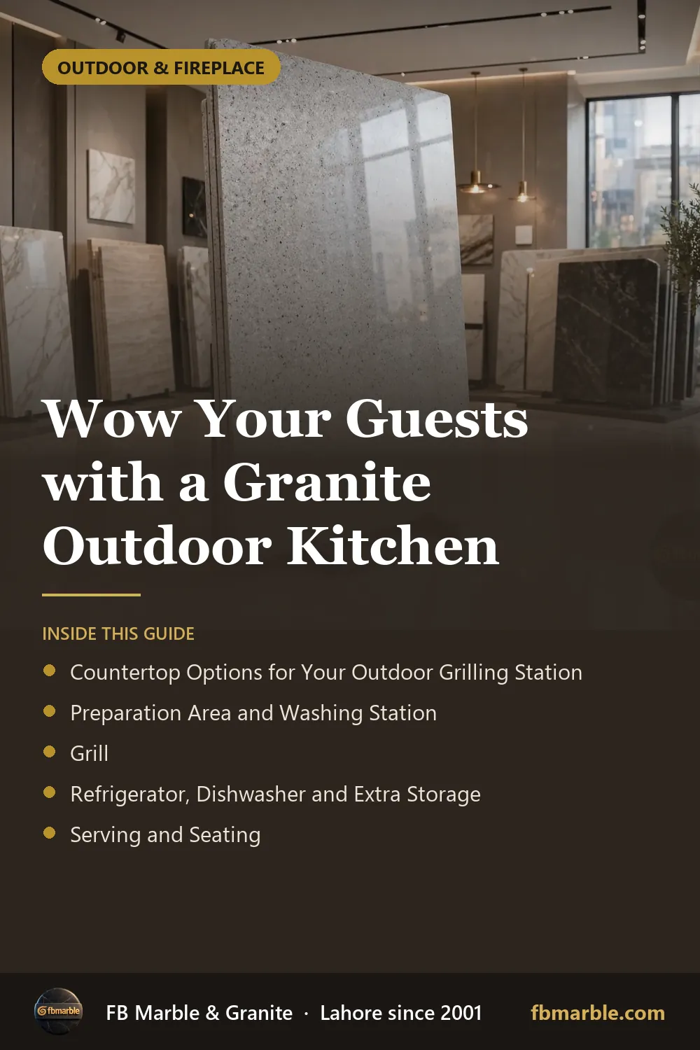 Pinterest graphic: Wow Your Guests with a Granite Outdoor Kitchen – FB Marble guide