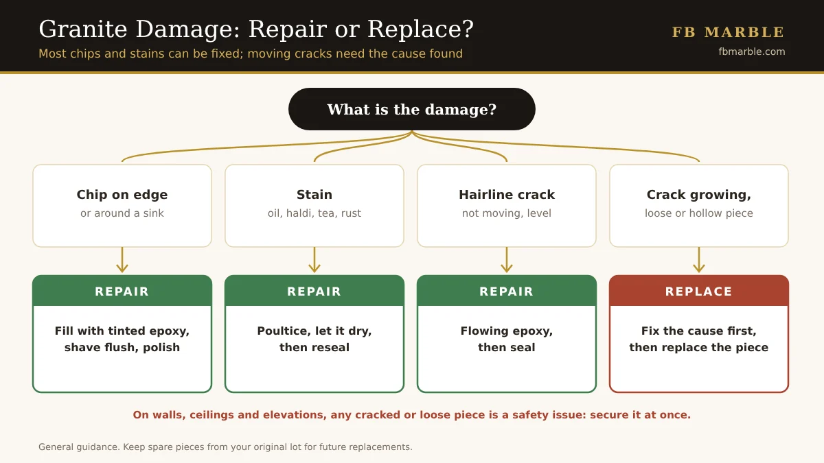 Decision chart for granite damage showing when to repair and when to replace