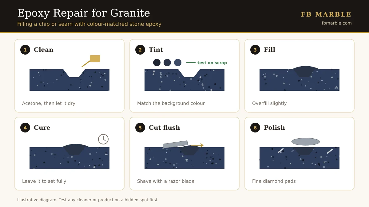 Diagram of the steps to fill a granite seam or chip with colour-matched epoxy